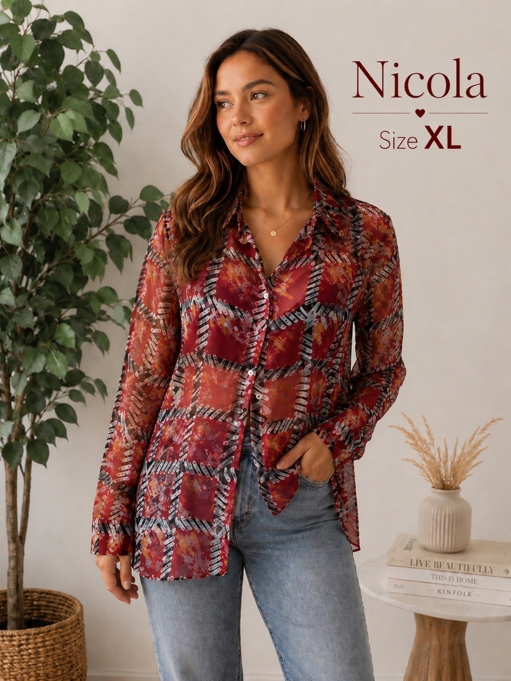 Nicola Semi Sheer Button Front Blouse Size XL Red Abstract Print Top